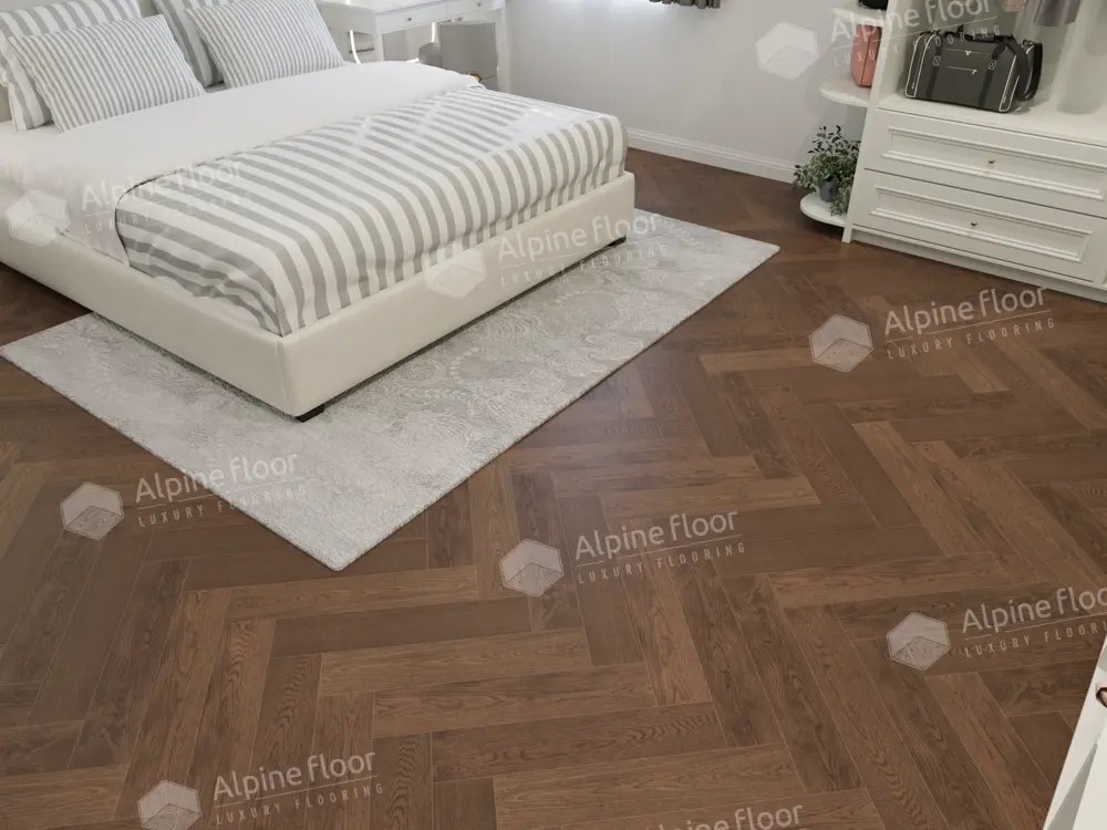 Инженерная доска Alpine Floor Castle Дуб Браун Стори EW202-09 венгерская елка 600×120×12 фото в интерьере